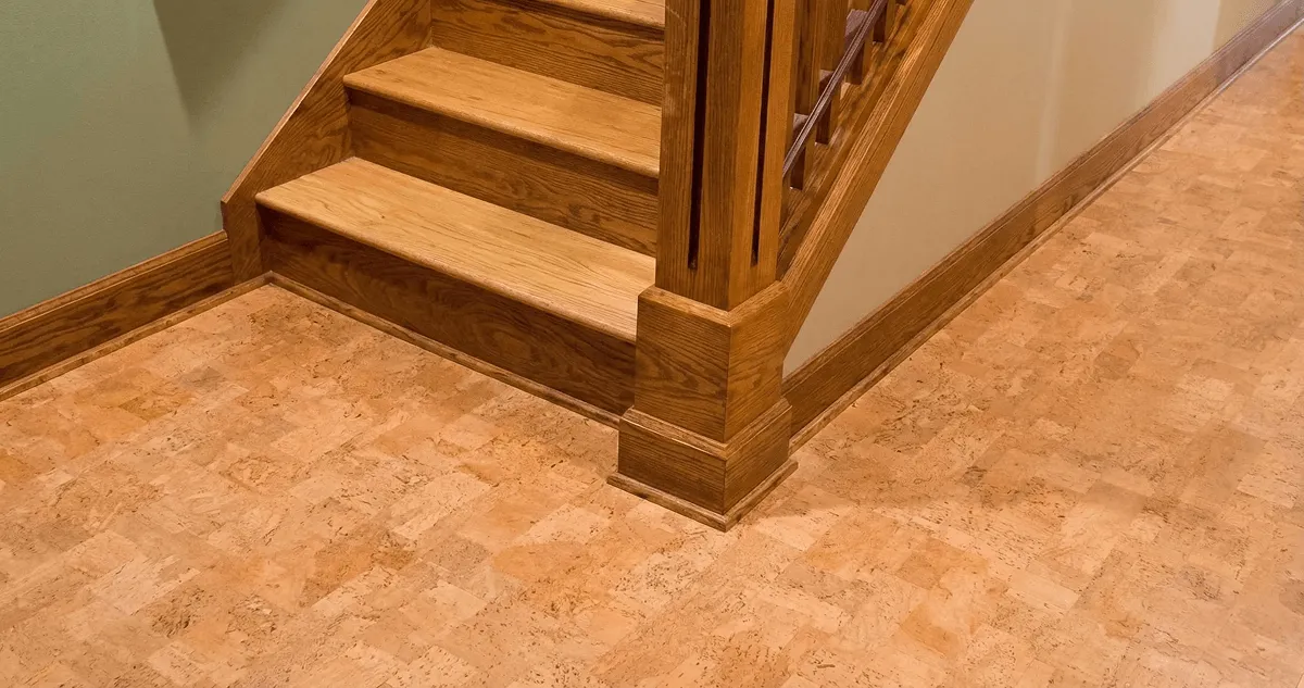 End of a staircase with cork flooring in San Diego, CA