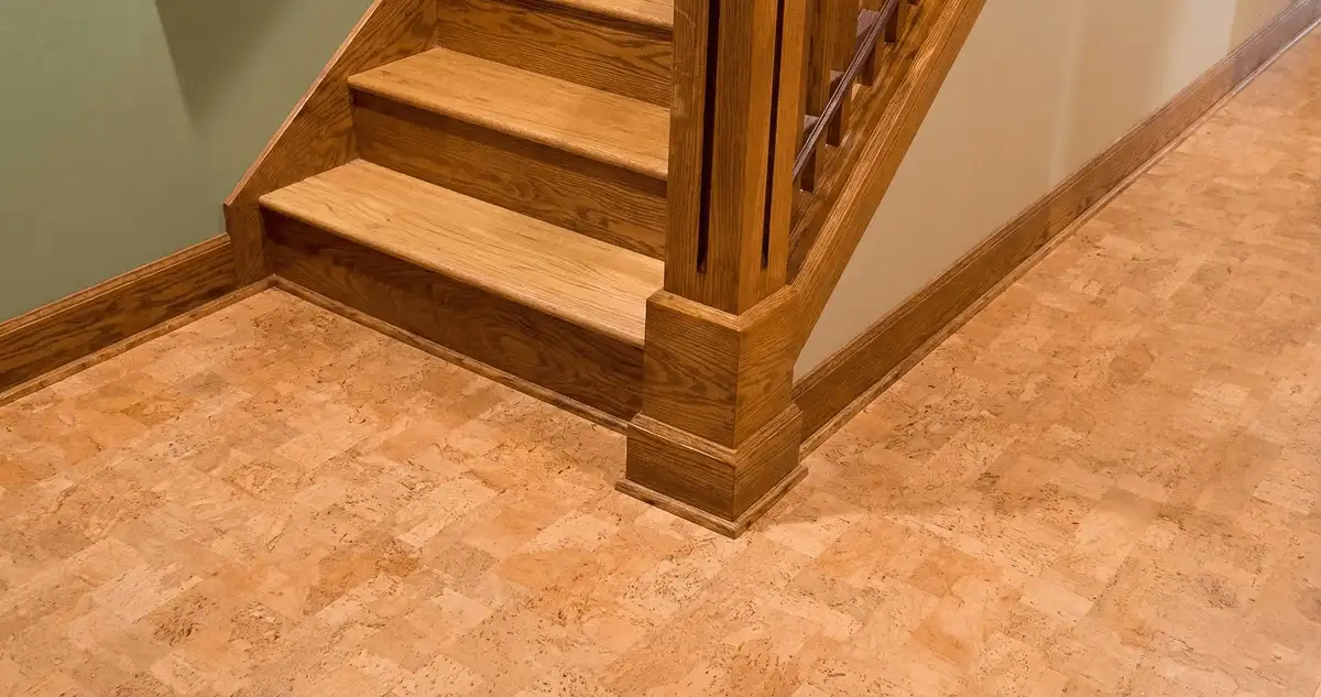 End of a staircase with cork flooring in San Diego, CA