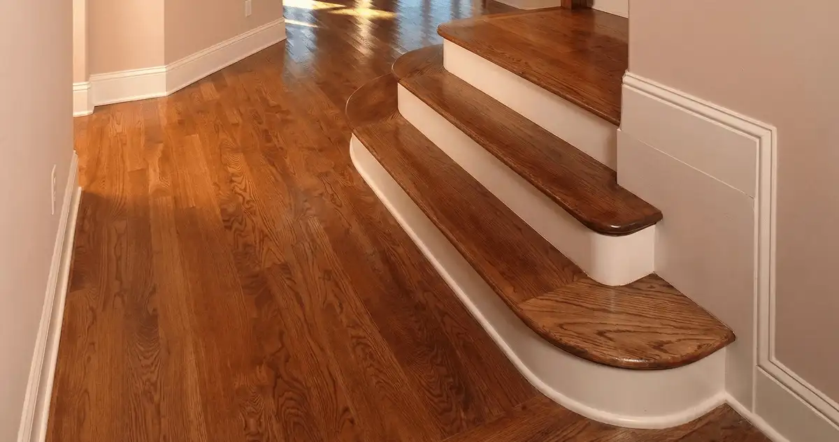Base floor of a staircase with professionally restored wood flooring in San Diego CA