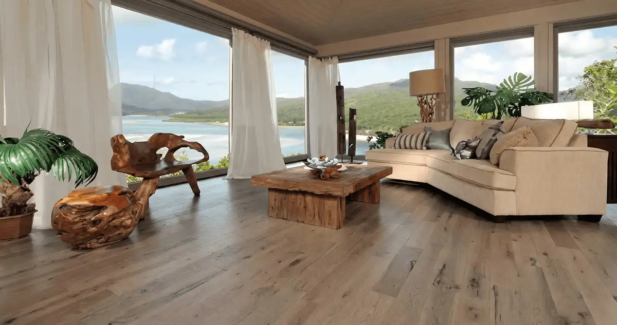 Professionally installed vinyl flooring in a modern living room with large windows in San Diego, CA
